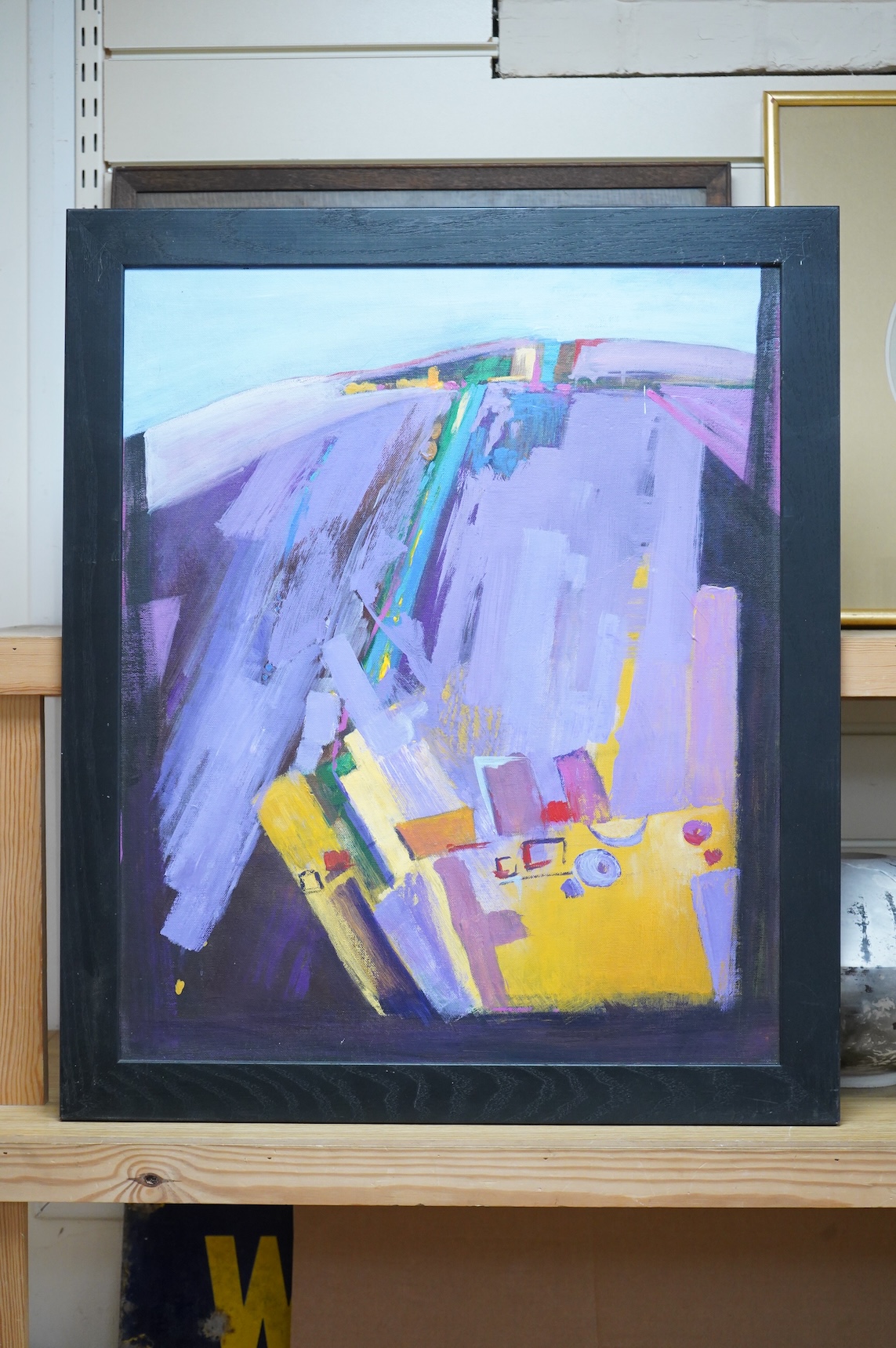 Joy Clephan (contemporary), ‘Lavender Farm’, inscribed verso, abstract acrylic on canvas board, 59 x 49cm